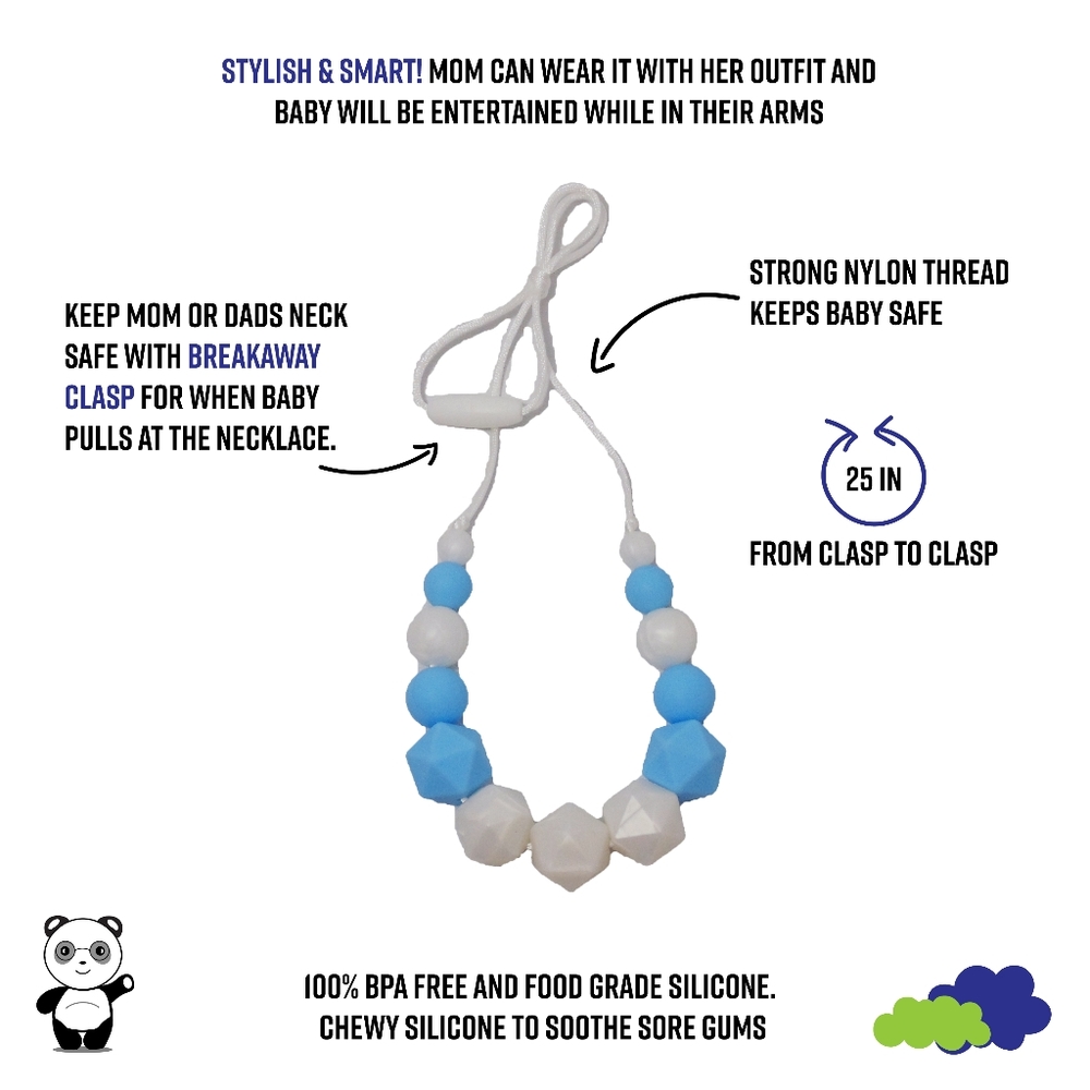 Blue silicone teething necklace for mom baby boy